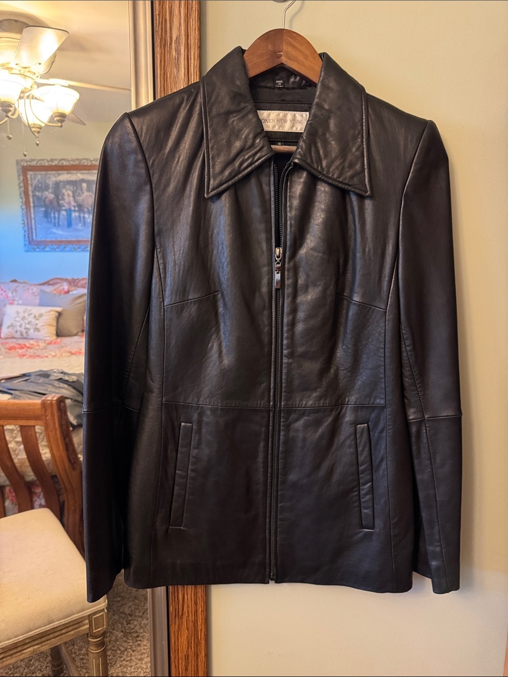Jones New York Black Leather Zip-Front Jacket